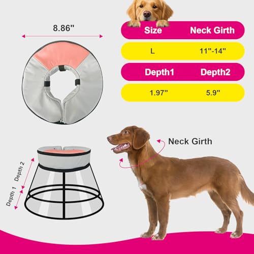 Sponge Core Dog Cat Cone Collar for After Surgery Recovery (L (Neck: 11"-14") / Grey+Pink)