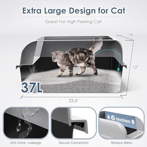 XL Non Sticky Coated Stainless Steel Cat Litter Box with Lid (Light Grey & Black Teflon / Large)
