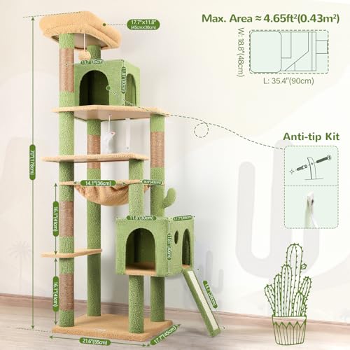 F70 Pro Cactus Heavy Duty Cat Tree Tower for Indoor Large Cats (70inch / Cactus Green)