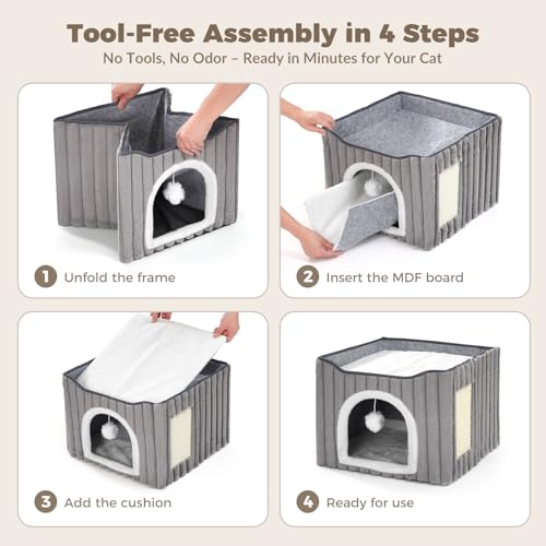 3-in-1 Cat Cave Bed for Indoor Cats with Scratch Pad (Grey)
