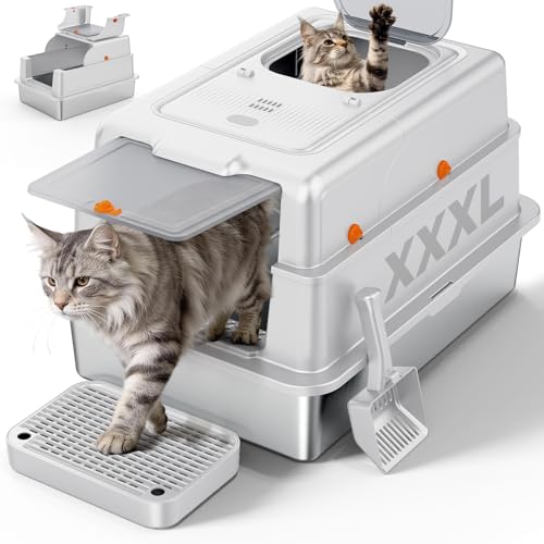 XXXL Extra Large Enclosed Stainless Steel Litter Box with Lid (XXX-Large / Silver)