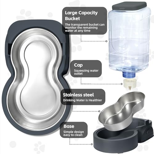 Automatic Cat Feeder and Water Dispenser with Stainless Steel Bowl Dog Gravity Food Feeder and Waterer for Small Medium Pets Puppy Kitten 1 Gallon x 2 (Charcoal gray)