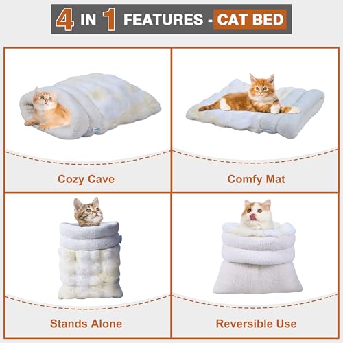 3 in 1 Semi Enclosed Self Warming Burrow Cat Bed Sleeping Cave (Style- Cream)