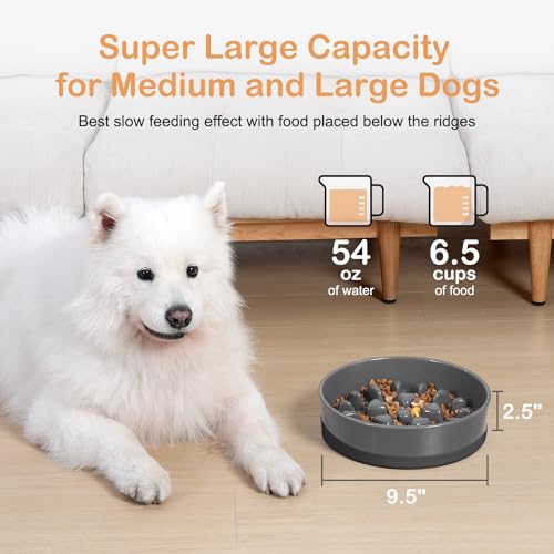 Ceramic Slow Feeder Dog Bowls for Medium Large Breed (Large-9.5 inches / Grey)