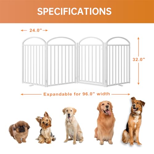 4 Panles Full Matel Freestanding Dog Gates with Door (【4 Panels with Door】96"W*32H" / White)