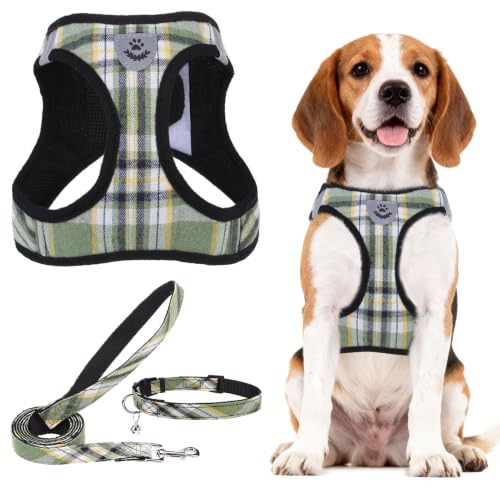 Dog Harness Collar and Leash Set No Pull for Small Medium Sized (Yellow Green / XL (CHEST 20"-22"))