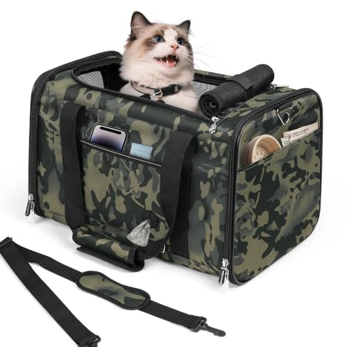 25lbs Cat Carrier Lightproof Soft Sided Pet Carrier for Large Cat (17.5"L x 11.0"W x 11.0"H / Black Camouflage（No Privacy Curtain))