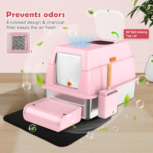 XL Stainless Steel Cat Litter Box with Lid (Pink)