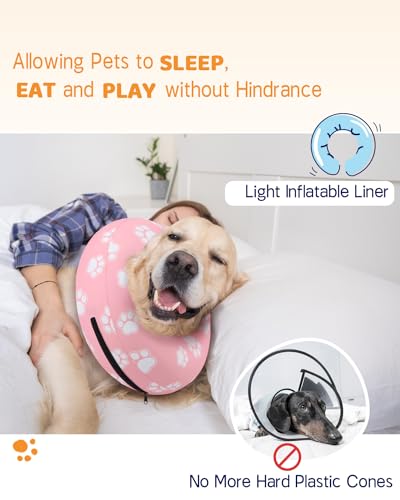 Inflatable Dog Cone Collar Alternative After Surgery (T Paw Pink / S(Neck 7"-9.5"))