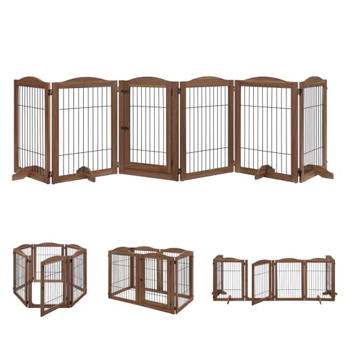 132" Extra Wide Dog Gate and Pet Playpen with Walk Through Door (Walnut / 132"W×31.5"H)