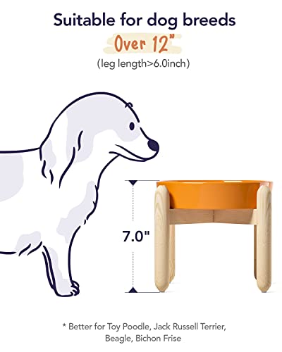 Ceramic Slow Feeder Puzzle Bowl Elevated 1.5 Cup with Wooden Stand for Small & Medium Dog (Sun Orange+Stand / M-1.5 Cups)