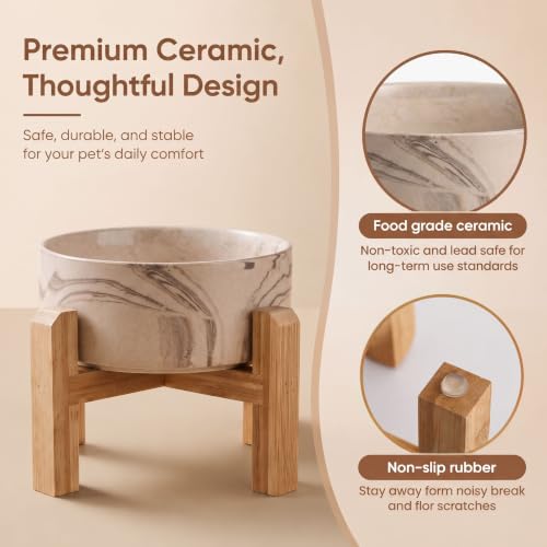 Elevated Ceramic Dog Bowl with Bamboo Stand (Marble Brown / 3.6Cup)