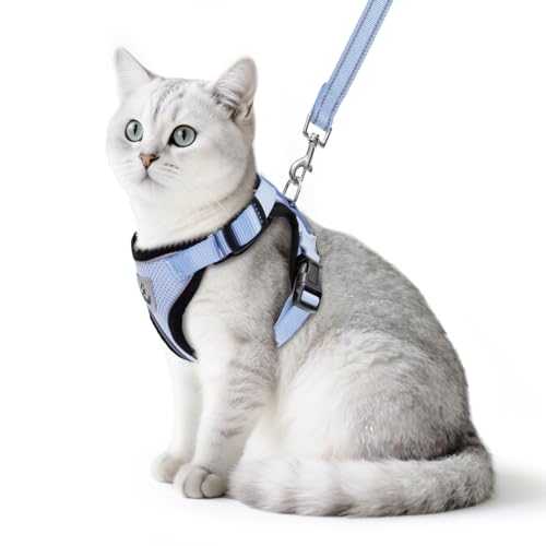 Cat Harness and Leash Set Escape Proof Reflective Cat Walking Harness Adjustable Soft Breathable Mesh Vest for Small Pets (S (NECK 9.5"-11", CHEST 13"-16") / Sky Blue)