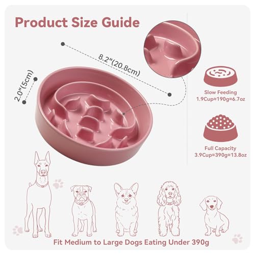 Ceramic Slow Feeder Dog Bowl (Pink / Medium without Stand)