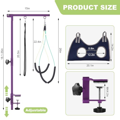 Home Dog Grooming Table Arm with Hammock 35" Height Adjustable Dog Grooming Arm with Clamp No (Purple / Small/Medium)