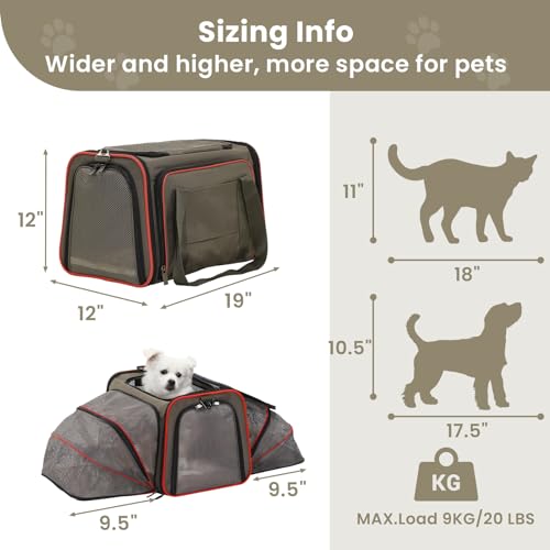 2 Side Expandable Pet Carrier Dog Carrier Cat Carrier for 2 Cats (18.9"L x 12.2"W x 12.2"H / Gray Brown)