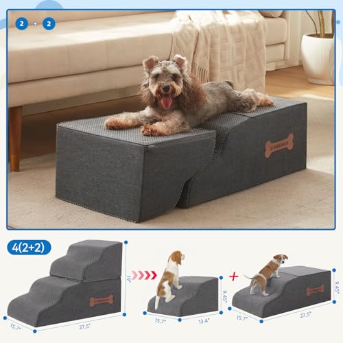 Dog Stairs 4 Steps for Small Dogs and Cats to Get on High Beds (Dark Grey / 27.5"D x 15.7"W x 19"H)