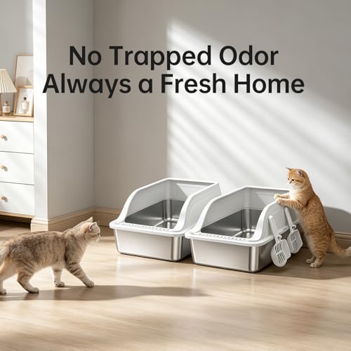High Sided Stainless Steel XL Cat Litter Box for Cats (Grey XL 2 pack)