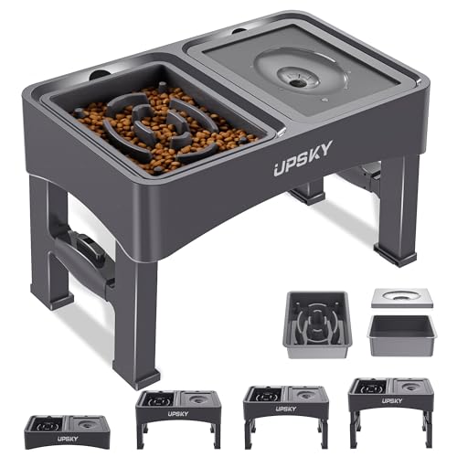 2-in-1 Elevated Dog Bowls Set with 4 Height Adjustable Stand, Gray (A-Water Bowl+Slow Feeder (Grey))