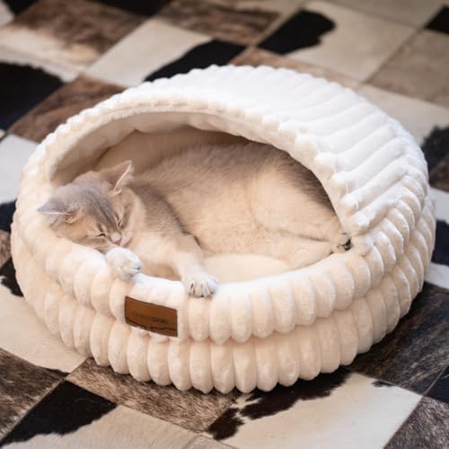 Cat Cave Bed for Indoor Cats Covered Hooded Pet Bed with Cushion (White)