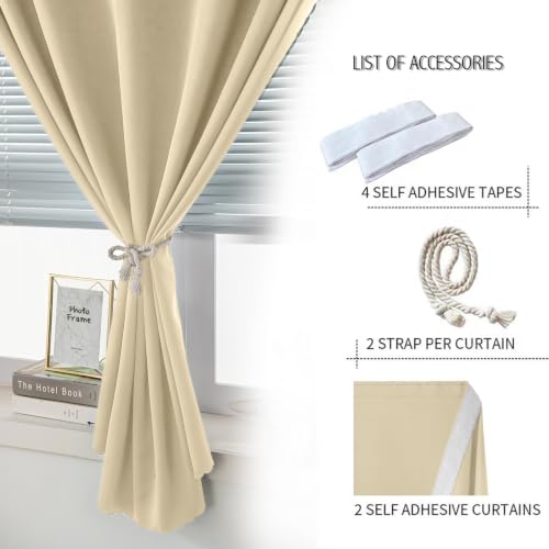 Self Adhesive Portable Blackout Curtains for Bedroom Easy to Install Window Thermal Lnsulated Kitchen Room Darkening Small Window Curtains (47"W x 84"L (Pack of 2) / Beige)