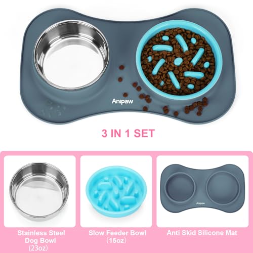 Slow Feeder Dog Bowls 3 in 1 Stainless Steel Food Water Bowl to Slow Eating (Small ＆ Medium Breed / Light Grey)