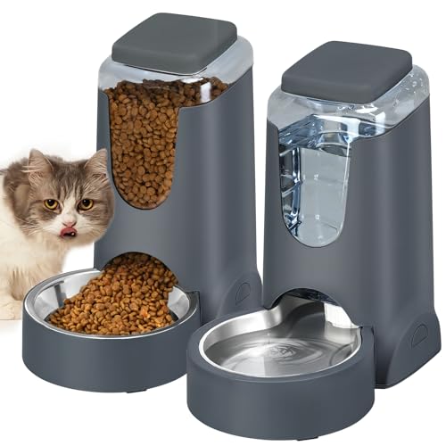 Automatic Cat Feeder and Water Dispenser with Stainless Steel Bowl Dog Gravity Food Feeder and Waterer for Small Medium Pets Puppy Kitten 1 Gallon x 2 (Charcoal gray)