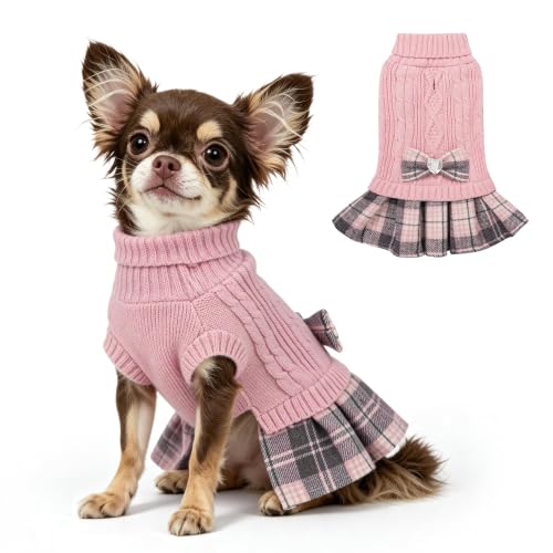 Small Dog Sweater Dress with Bowtie Turtleneck (X-Small (2-5lbs) / Pink)