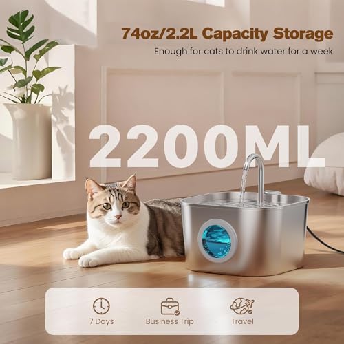 74oz Stainless Steel Cat Water Fountain with 8 Filters + 5 Sponges
