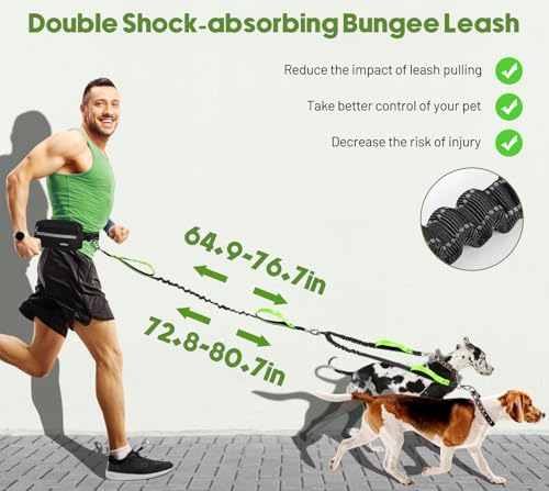Hands Free Dog Leash for 2 Dogs with Pouch (Black Green / 2 Leashes)