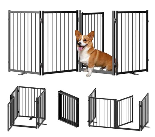 Full Metal Freestanding Dog Gate with Door (【4 Panels】80"W*24H" / Black)