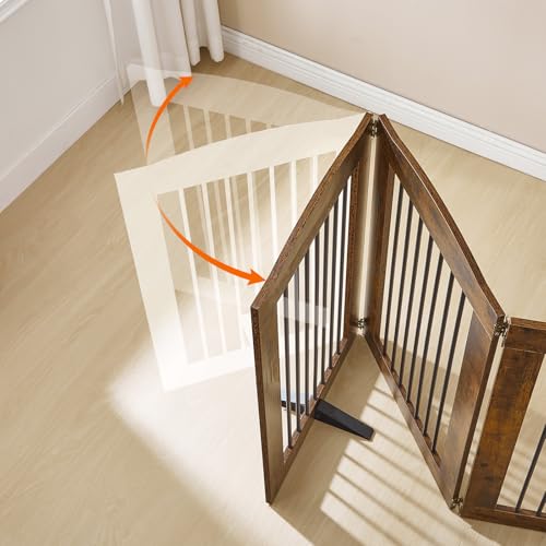 Indoor Dog Gate with Support Feet (Rustic Brown / 【4 Panels】80.3"L x31.5"H)