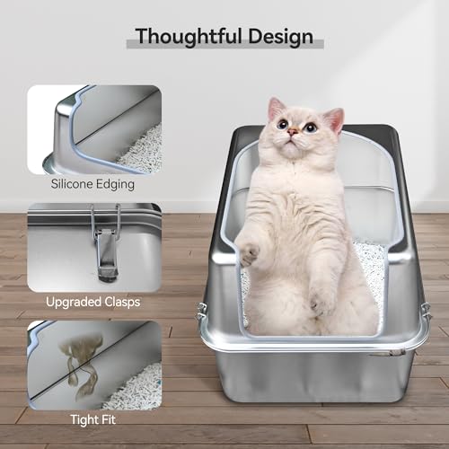 Stainless Steel Litter Box with Metal Lid and Scoop (L:17.7"x13.8"x11.8")