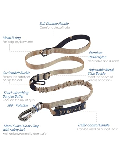 Tactical Bungee Shock Absorbing No Pull Strong Dog Leash (Khaki)