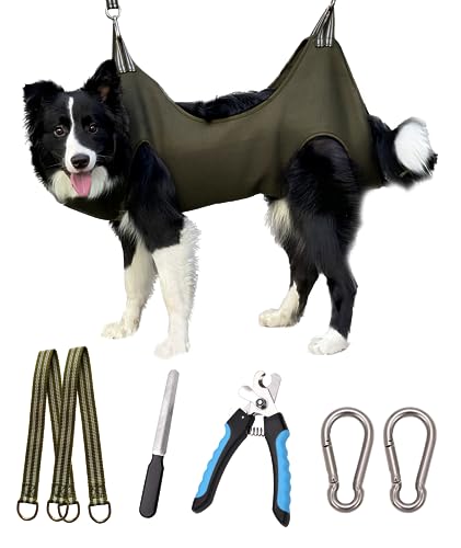 10 in 1 Dog Pet Grooming Hammock Harness with Nail Clippers (XL/Under 80 lb / Khaki Green)