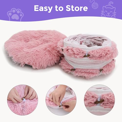 Plush Cat Tunnel Bed for Indoor Cats with Soft Cushion (Pink)
