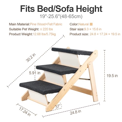 Wood Pet Stairs (3 Steps – For Sofas & Low Beds (18–26 in) / 24.8" L x 17.2" W x 19.5" H)