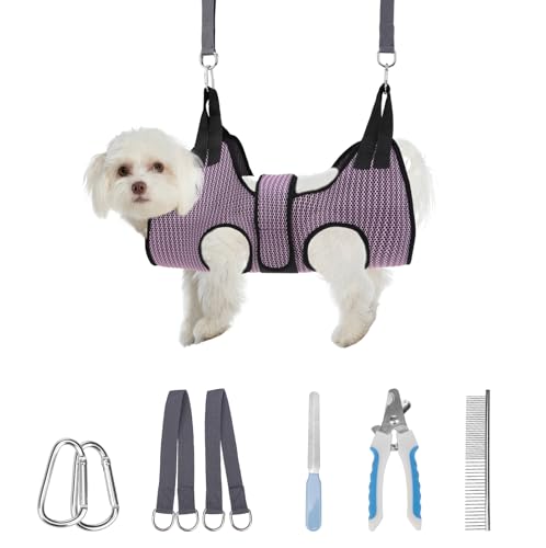 Dog Grooming Hammock Harness for Dogs & Cats with Pet Nail Clipper Trimmer (XS / Pink)