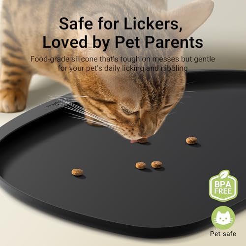 Cat Food Mat Silicone Waterproof Feeding Mat (18"L x 12.5"W / Black)
