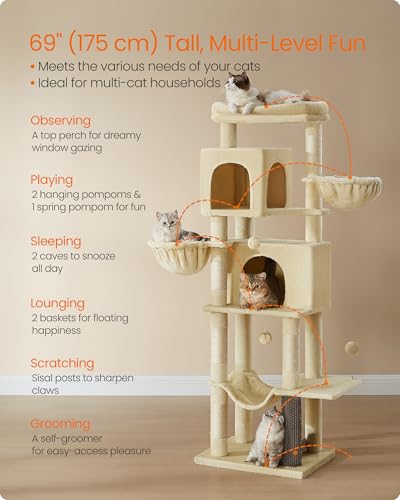 Cat Tree, 69-in Large Cat Tower, Multi-Level Condo, Sand Beige (Sand Beige)