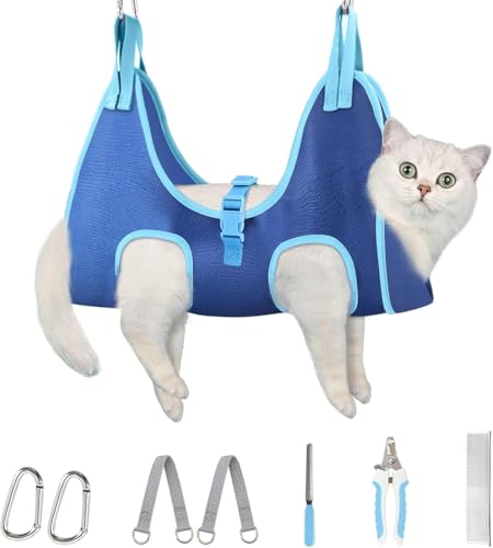 Cat Grooming Hammock (XS( Legs Spacing：4.9”-10.5" / Max W：8-14LBS ) / Blue)