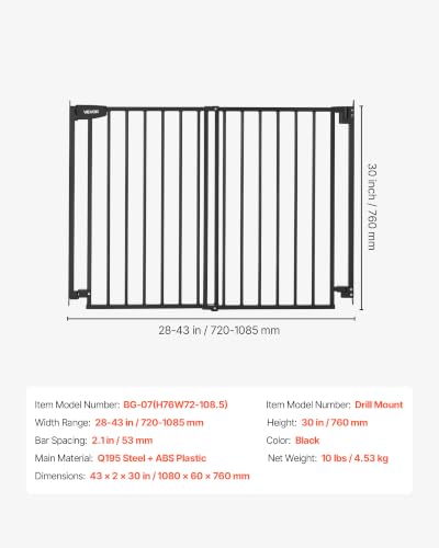 Pet Gate for Stairs (Black / 28-43" Wide x 30" Tall)