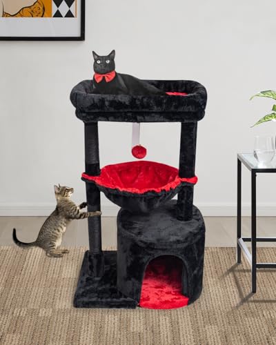 Gothic Cat Tree with Coffin Bed for Indoor Cats (29.6" / Black & Red)