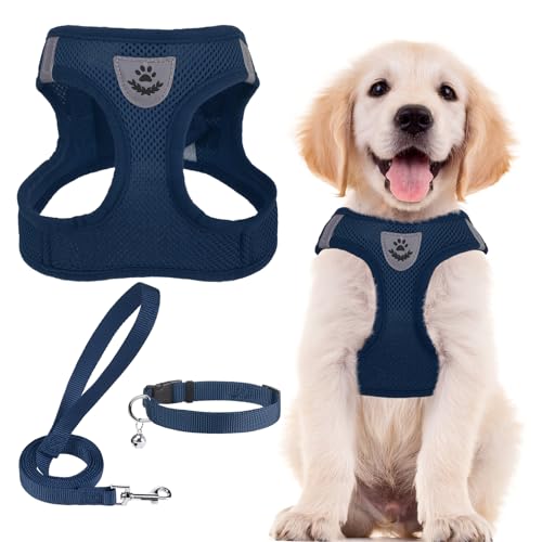 Dog Harness Collar and Leash Set No Pull for Small Medium Sized (Solid NavyBlue / S (CHEST 14.5"-16"))
