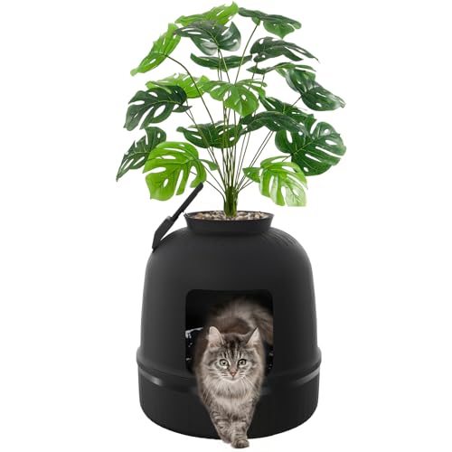 Hidden Plant Cat Litter Box with Plastic Scoop& Litter Liner (Black)