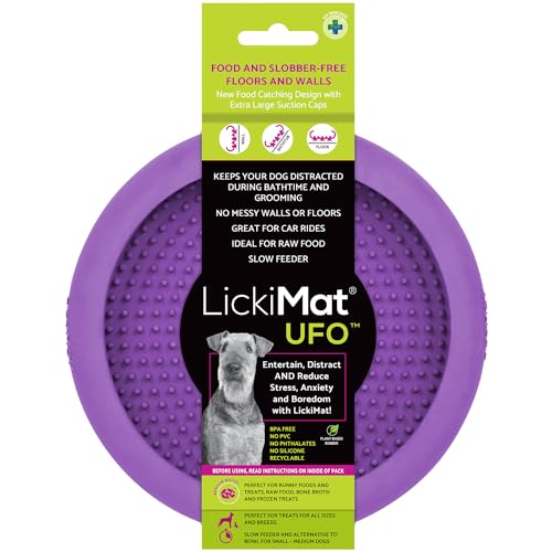 UFO Purple Perfect Bathing and Shower Ditractor. Natural Rubber LickiMat with Soother Nubs. runny Treats. Unique Food and Dribble Catcher Design. Suitable for All Flat Surfaces (Purple)