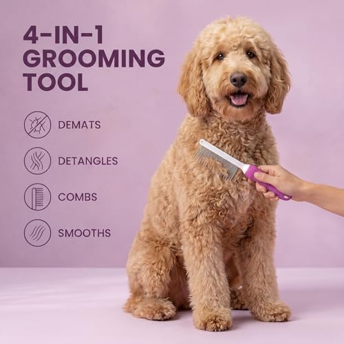 Poodle Pet Detangling Pet Comb with Long & Short Stainless Steel Teeth for Removing Matted Fur (Purple / Detangling Pet Comb)