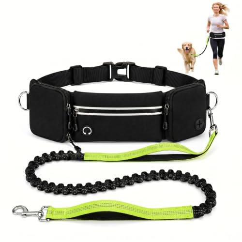 Hands Free Dog Leash 3 Zipper Pounchs with Reflective Strips Poop Bag Dispenser (Green)