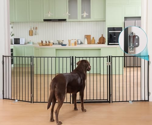 Freestanding Dog Gate with Door for Indoor & Outdoor (Black / 【4 Panels with Door】104"W×30"H)