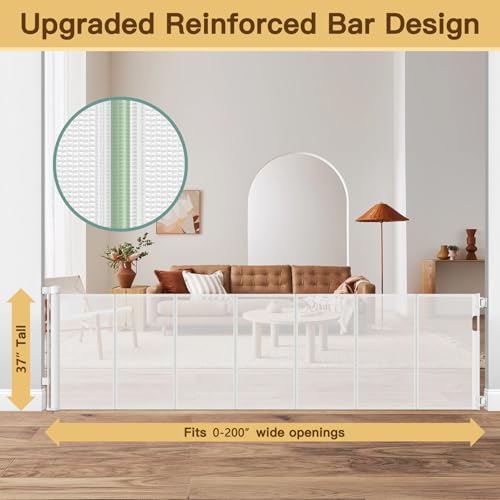 Reinforced 200 Inch Retractable Baby Gates Extra Wide Baby Gate for Large Openings (White / 37" Tall x 200" Wide（ With Reinforced Bar ）)